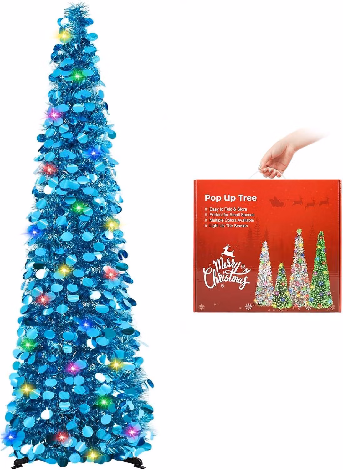 Albero di Natale artificiale, decorativo, illuminato a LED, colore blu, altezza 150 cm