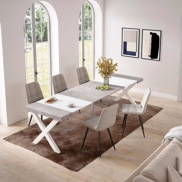 Consolle allungabile, 58 fino 302x90x73cm, Per 14 persone, Gambe in legno, Bianco e grigio cemento RF2828