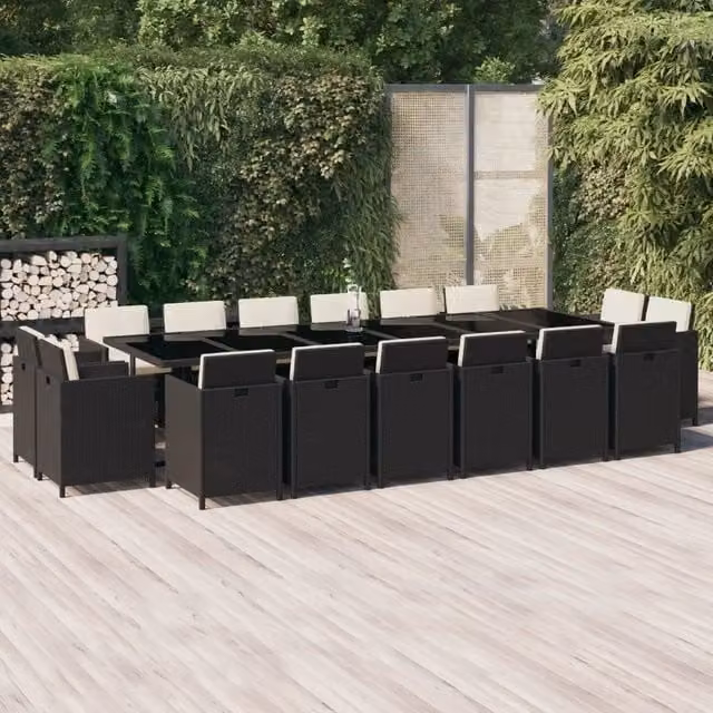 Set da pranzo da giardino vidaXL in polyrattan nero con cuscini bianchi e tavolo in vetro 17 pz – 1