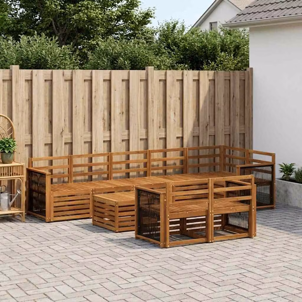 Set di divani da esterno vidaXL 8 pz in legno di acacia massello con cuscini, forma a U, colore marrone e bianco