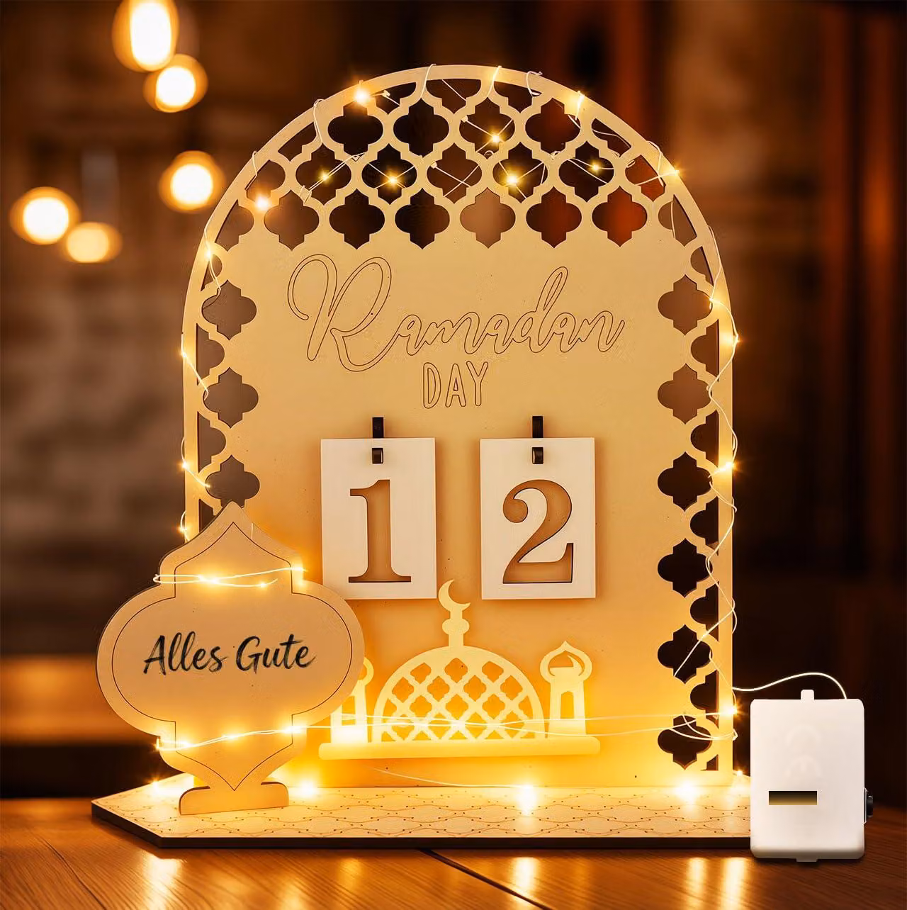 Calendario dell'Avvento in legno a tema Ramadan, con luci LED, ideale per bambini, dimensioni 20x20x7 cm