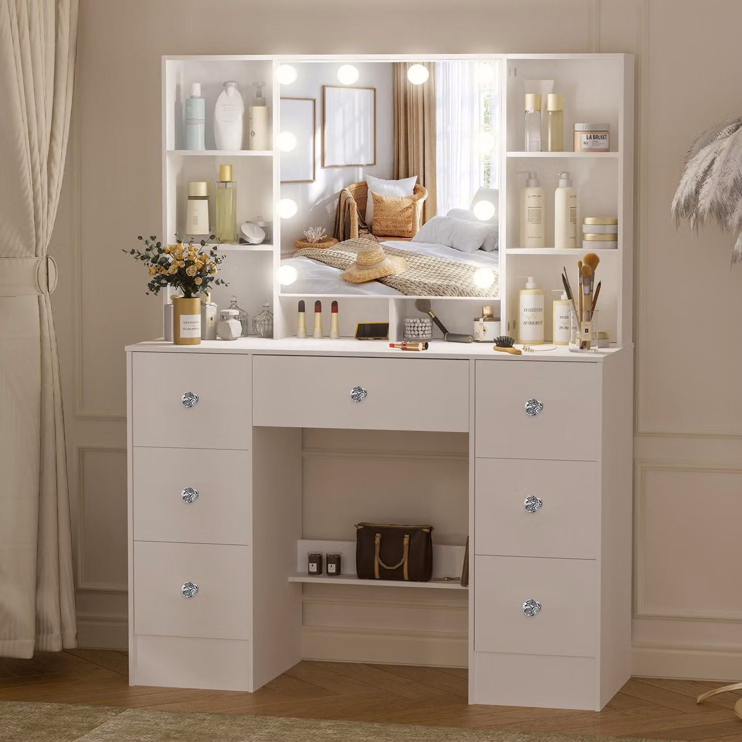 Comò con specchio, bianco - 7 cassetti per riporre oggetti - 10 luci LED dimmerabili - Realizzato in MDF - Arredamento moderno per la camera da letto