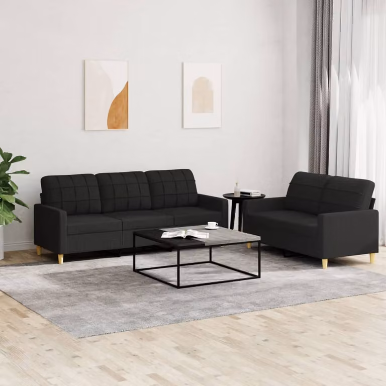 Set di 2 Divani Moderni vidaXL in Tessuto Nero con Cuscini