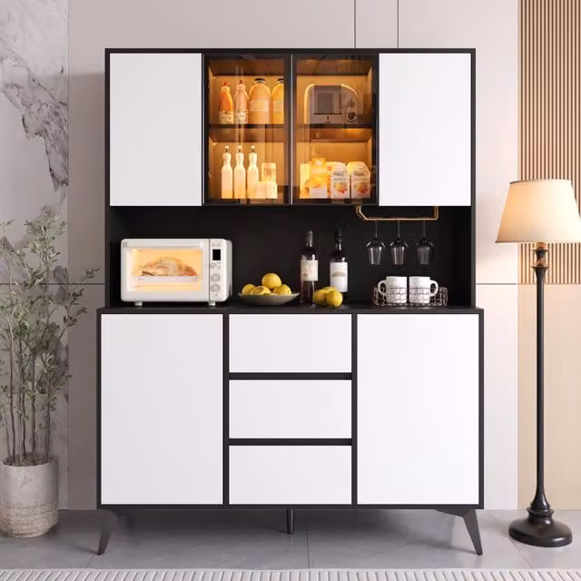 Credenza Alta Cucina Mobile Vetrina Bianco e Nero con Luci LED App; 120x40x160 cm