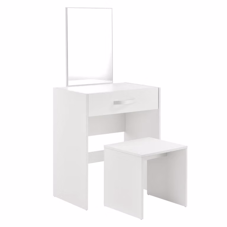 In And OutdoorMatch Tavolo da toilette Destinee - Con sgabello e specchio - Tavolo da toilette - 132 x 63 x 39 cm - Bianco - Truciolato - Look
