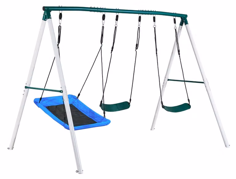 Altalena da giardino SucceBuy con telaio in metallo a forma di A e due cinture di sicurezza, seduta (110 x 80 cm), portata massima di 318 kg, set altalena da esterno, stabilizzata tramite picchetti a spirale