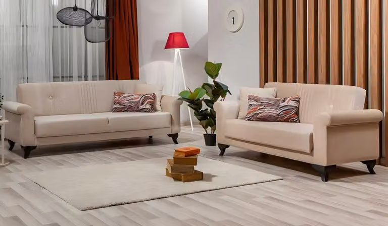 Komplette Couchen Dreisitzer Zweisitzer Beige Stoff Polstersofa 2tlg