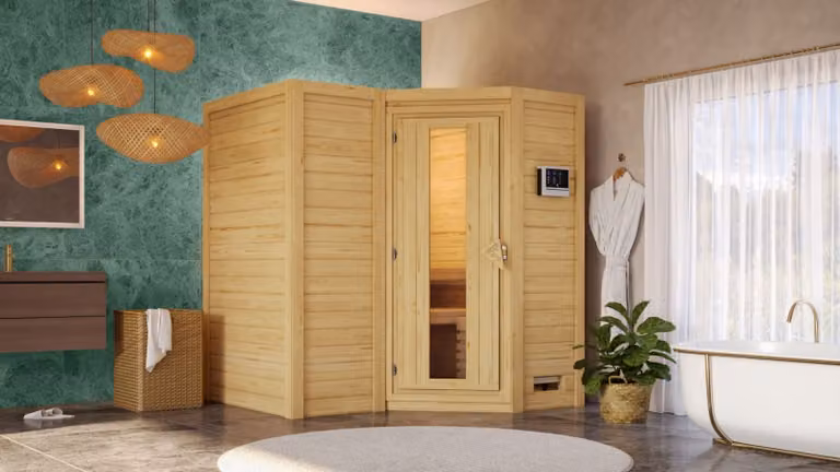 Sauna Sahib 1: senza luminosa sul tetto: stufa a bioetanolo da 9 kW + centralina Easy Porta in legno isolata. luminosa: assente. Stufa per sauna: stufa a bioetanolo da 9 kW + centralina Easy Porta per la sauna: porta in legno isolata