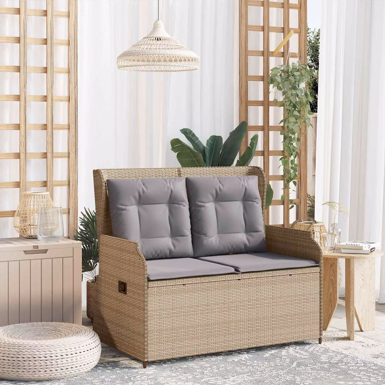 Panchina da giardino moderna vidaXL in rattan e metallo con braccioli, colore beige