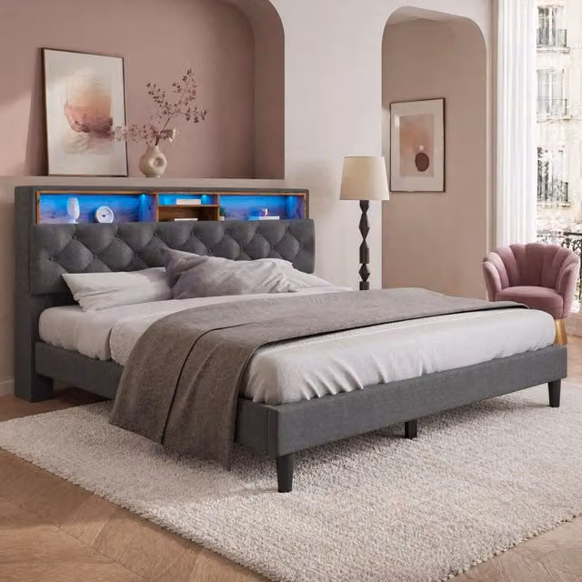 Letto matrimoniale ULEVR 140x200 cm con testiera contenitore e LED multicolore, grigio