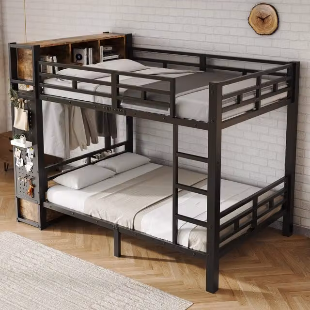 Desviae Letto a castello 120 × 200 cm in metallo nero e noce scuro con modulo contenitore, cassetto e pannello forato