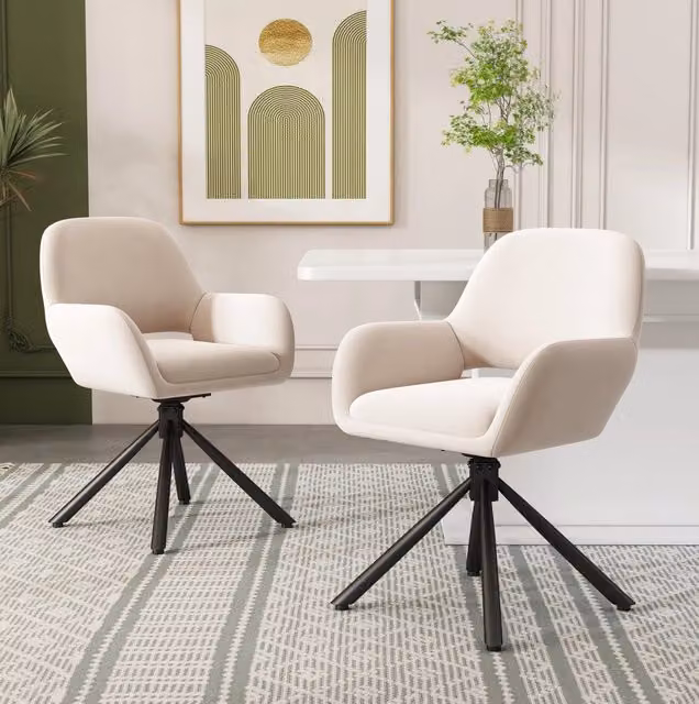 Set di 2 sedie da pranzo girevoli MODFU in velluto beige con braccioli, L: 68 cm, P: 65 cm, H: 51 cm