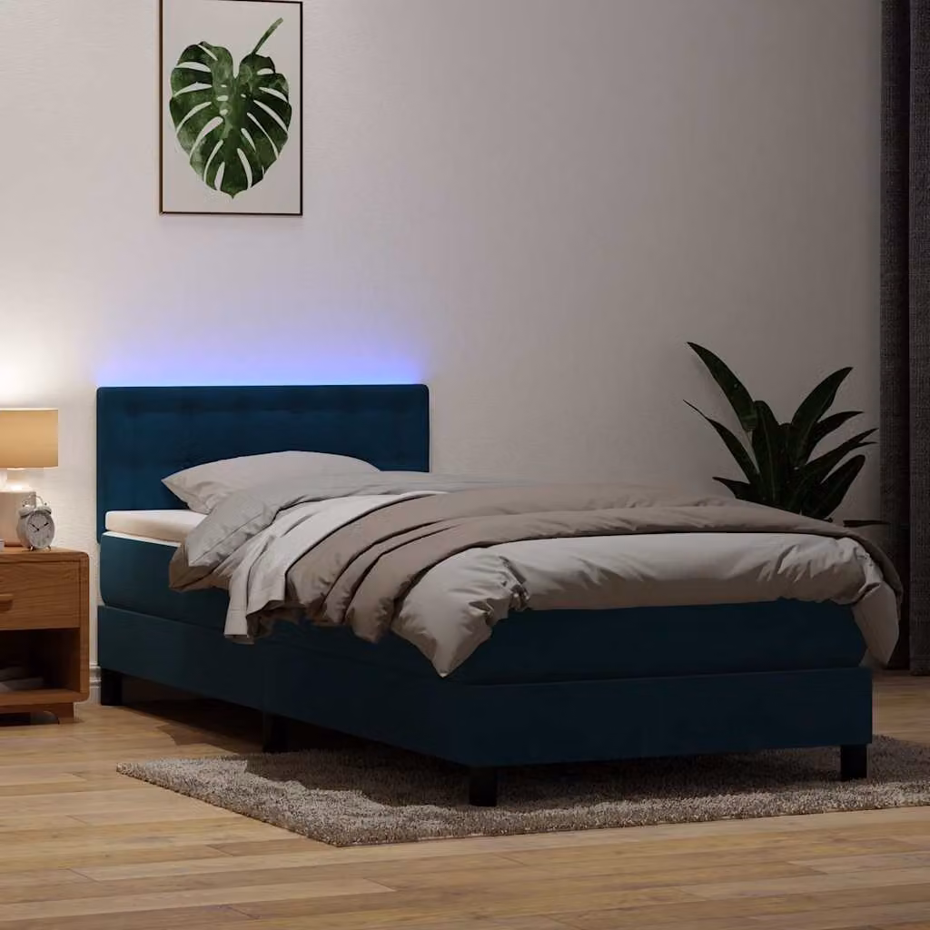 Letto a molle con materasso ibrido e illuminazione LED vidaXL in velluto blu scuro L 220 cm x L 80 cm