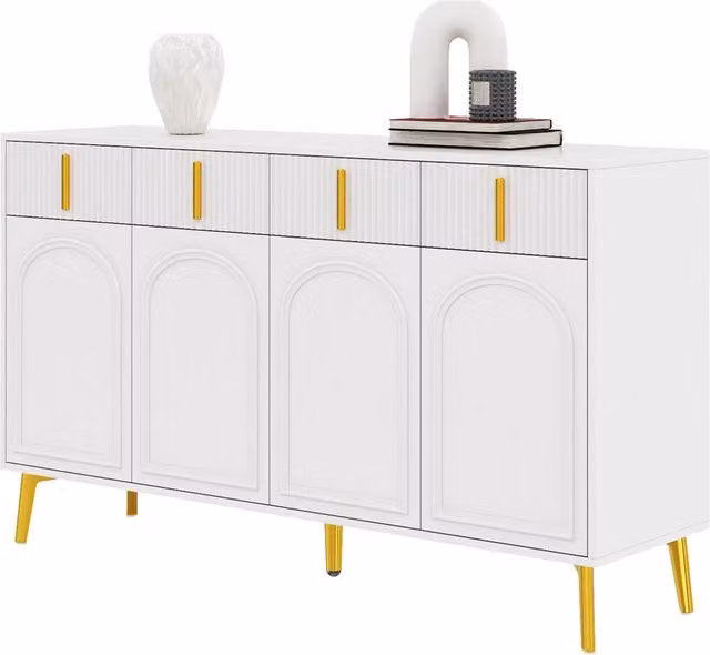 Credenza moderna in MDF con 4 ante e 4 cassetti per soggiorno o sala da pranzo, colore bianco e oro, L 140 x P 38 x H 82 cm