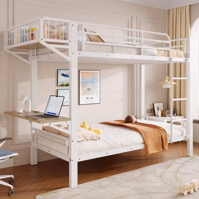 Letto a castello 90 x 200 cm; scrivania; scomparto contenitore aperto; sponde di sicurezza; scala; struttura in metallo; bianco