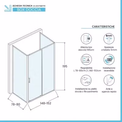 Box doccia Tay a 3 lati con porta scorrevole e vetro stampato, forma rettangolare a U, L: 150 cm, P: 80 cm, H: 195 cm, colore argento e trasparente – 2