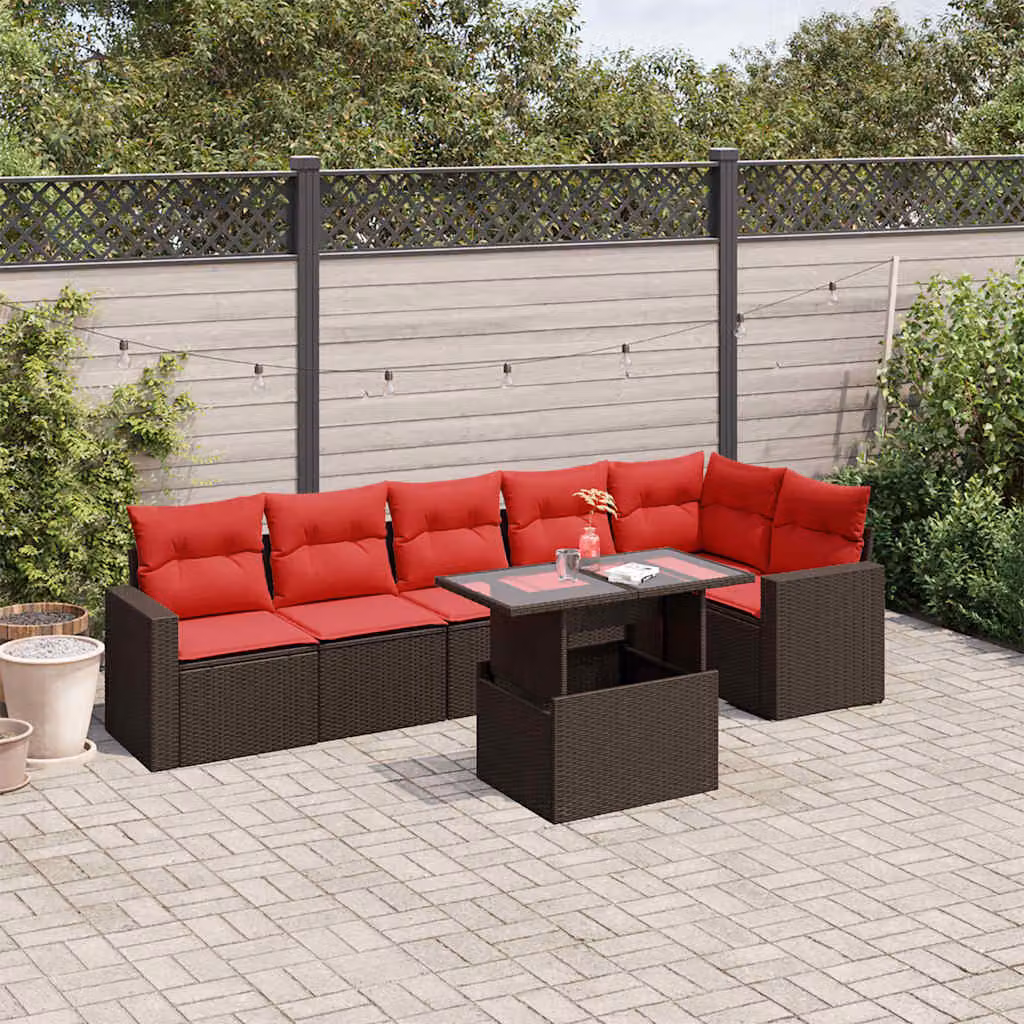 Set Divani da Giardino vidaXL 7 Pezzi in Polyrattan Marrone con Cuscini e Tavolino da Esterno