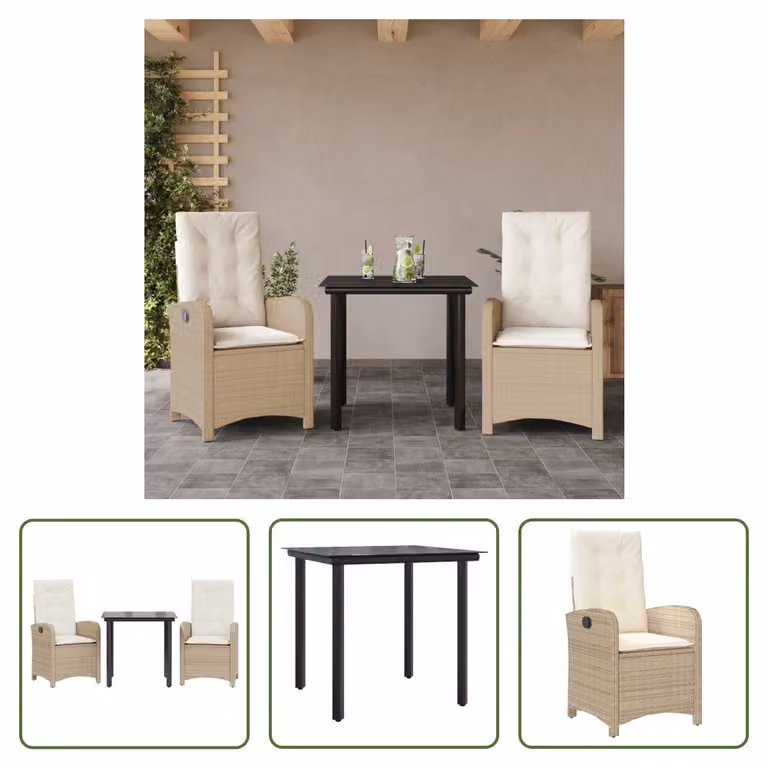 The Living Store Set da pranzo da giardino 3 pezzi con cuscini Beige poly rattan
