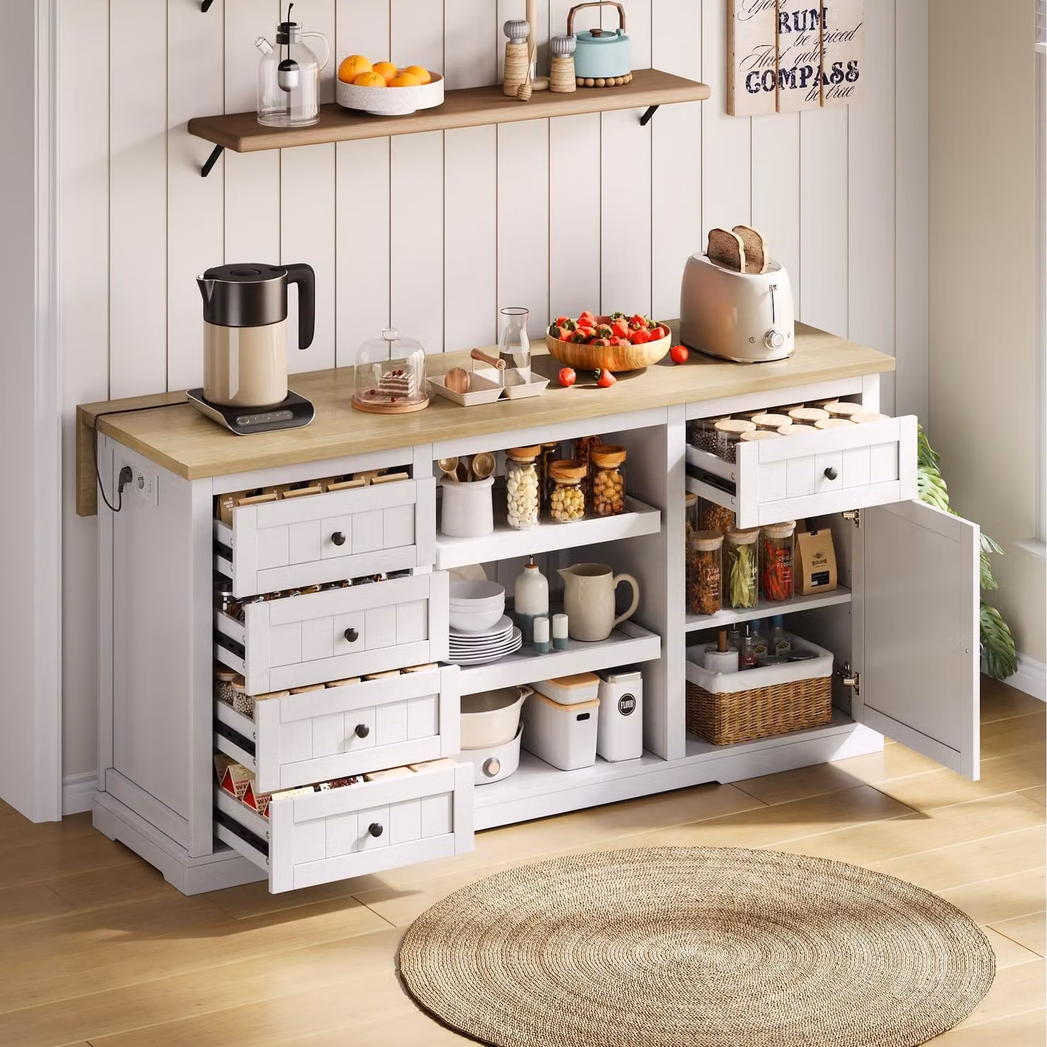 Isola da cucina Merax 150x65x75cm, credenza con 5 cassetti e ripiani estraibili, ripiano ribaltabile, prese di corrente integrate, per cucina e sala da pranzo