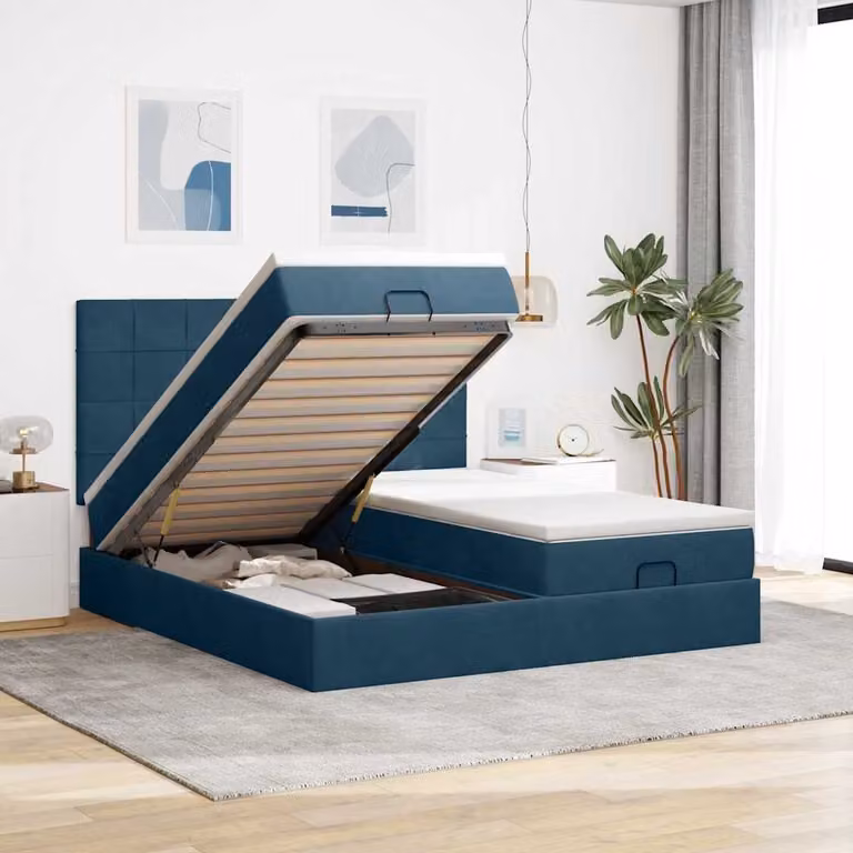Letto con contenitore a sollevamento vidaXL in velluto blu e bianco con porta USB e illuminazione sottostante L/P/H: 203 x 160 x 128 cm