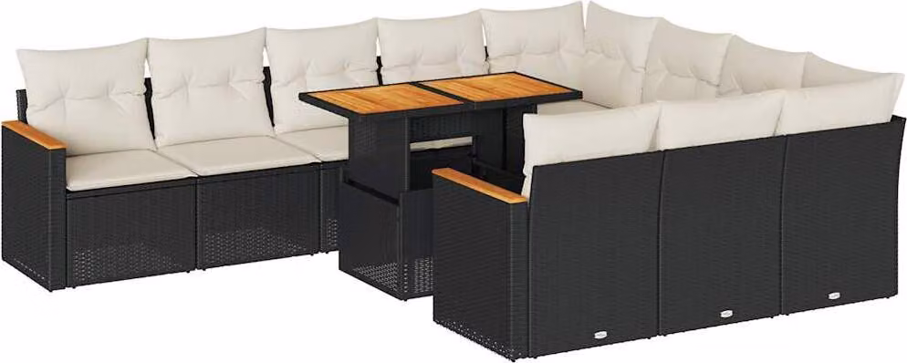 Set Divani da Giardino 11 pz con Cuscini Polyrattan Acacia Nero