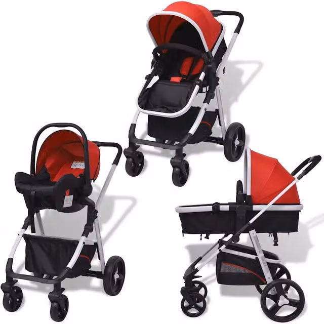 Passeggino 3 in 1 convertible vidaXL rosso e nero con cestello, seggiolino auto e ruote piroettanti – 1