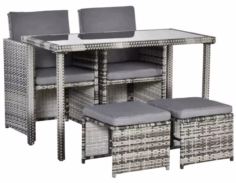 Set da giardino composto da 5 pezzi, con tavolo, sedie e sgabelli | Colore: Grigio | Dimensioni: 60x120x72 cm