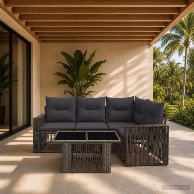 Set Divano da Giardino 5 Pezzi vidaXL in Polyrattan Grigio e Antracite con Tavolino e Cuscini – 1