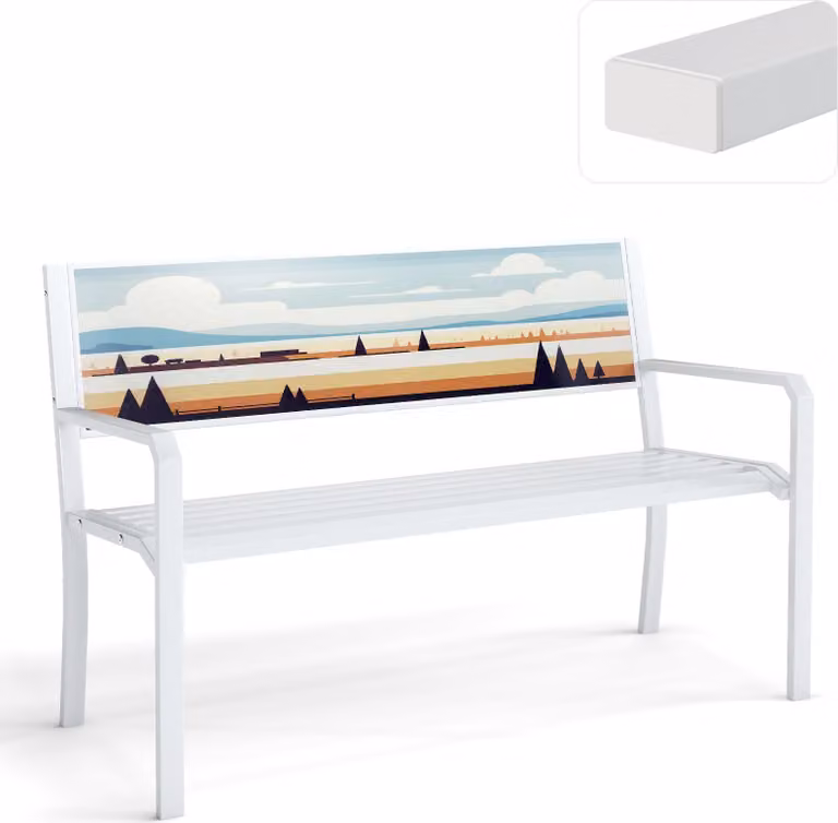 Panchina da giardino KOMFOTTEU in metallo resistente alle intemperie, con schienale decorativo ed ergonomico, braccioli e piedini antiscivolo, portante fino a 300 kg, 128 x 53 x 81,5 cm, bianca