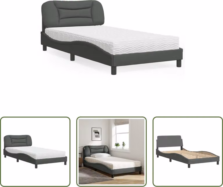 The Living Store Letto con materasso in tessuto grigio scuro 100x200 cm