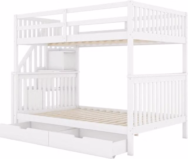Letto a soppalco 140x200 cm in legno di pino e MDF con scaletta a scaffali e due cassetti, colore bianco