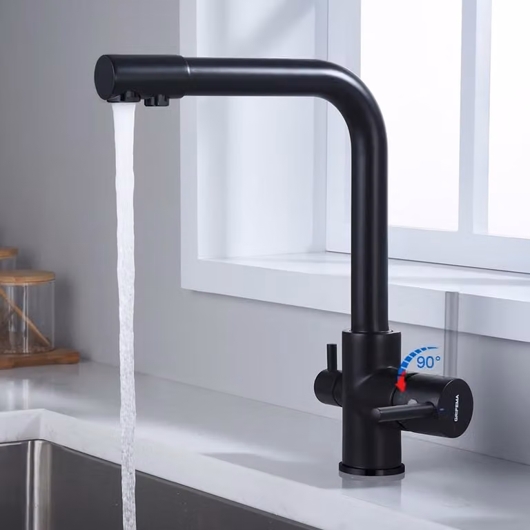 Miscelatore da cucina a tre vie, girevole a 360°, con 2 maniglie, in ottone, colore nero