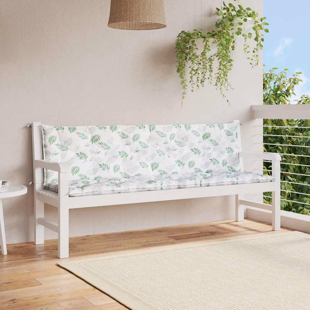 Set di 2 cuscini per panca da giardino vidaXL con motivo a foglie, colore verde e bianco, idrorepellenti e resistenti ai raggi UV, L 200 cm x P 50 cm x H 7 cm