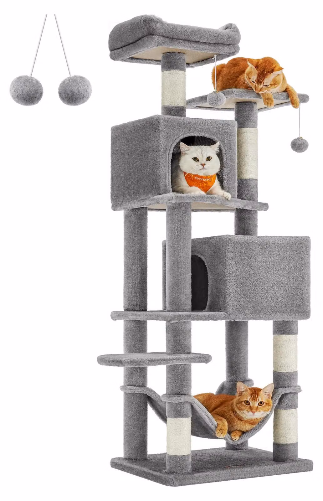 Albero per gatti - Torre da arrampicata alta 155 cm - 2 tane - 5+ livelli - Rivestito in peluche morbido - Stabile - Grigio chiaro