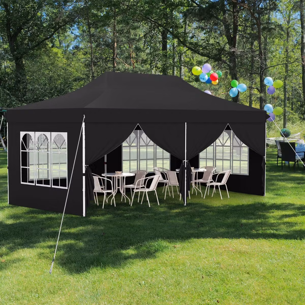 Costway Tenda Gazebo Pieghevole per Feste con 6 Pareti Laterali Rimovibili e Borsa da Trasporto, Nero, L: 600 cm, P: 300 cm, H: 316 cm
