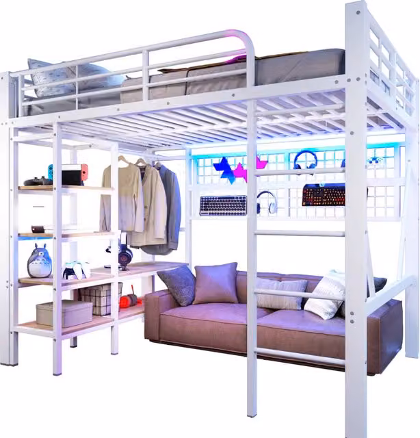 Letto a soppalco 140 x 200 cm in ferro e MDF; bianco; con luci LED