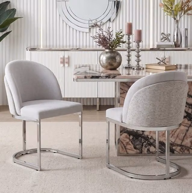 Set di 2 sedie da pranzo in ciniglia grigio chiaro e argento