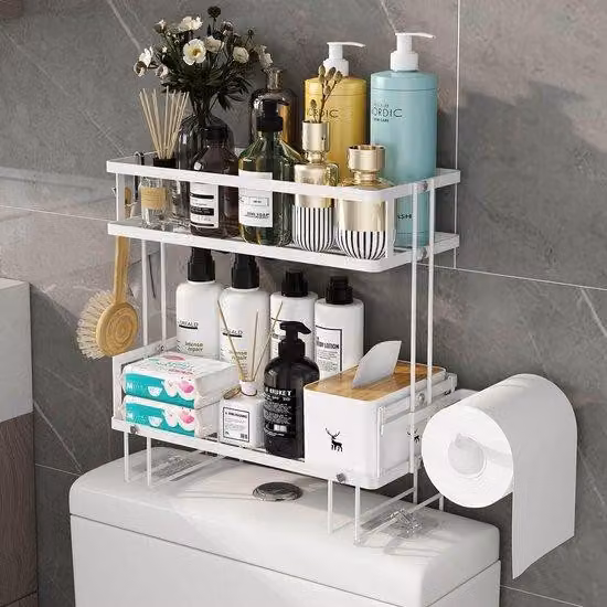 Organizer da bagno con portarotolo, bianco, con perforazioni libere, per pannello da bagno