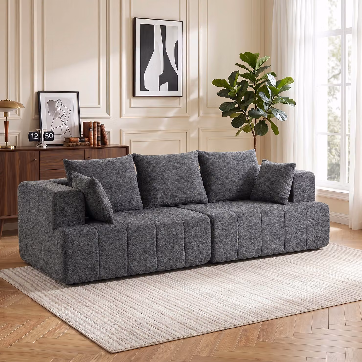 Divano 3 posti Cloud HOMCOM in chenille grigio con seduta ampia, cuscini e molle insacchettate – 2