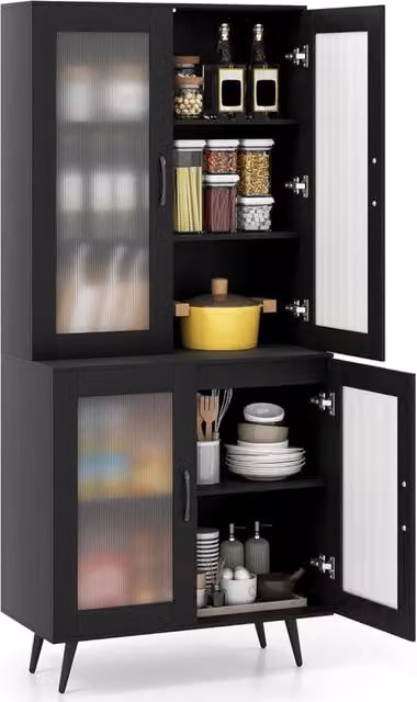 Credenza da Cucina e Dispensa Costway con 4 Ante in Vetro e Ripiani Regolabili, Mobiletto Moderno in MDF e Metallo per Soggiorno o Sala da Pranzo, L 80 x P 40 x H 178,5 cm, Nero – 1