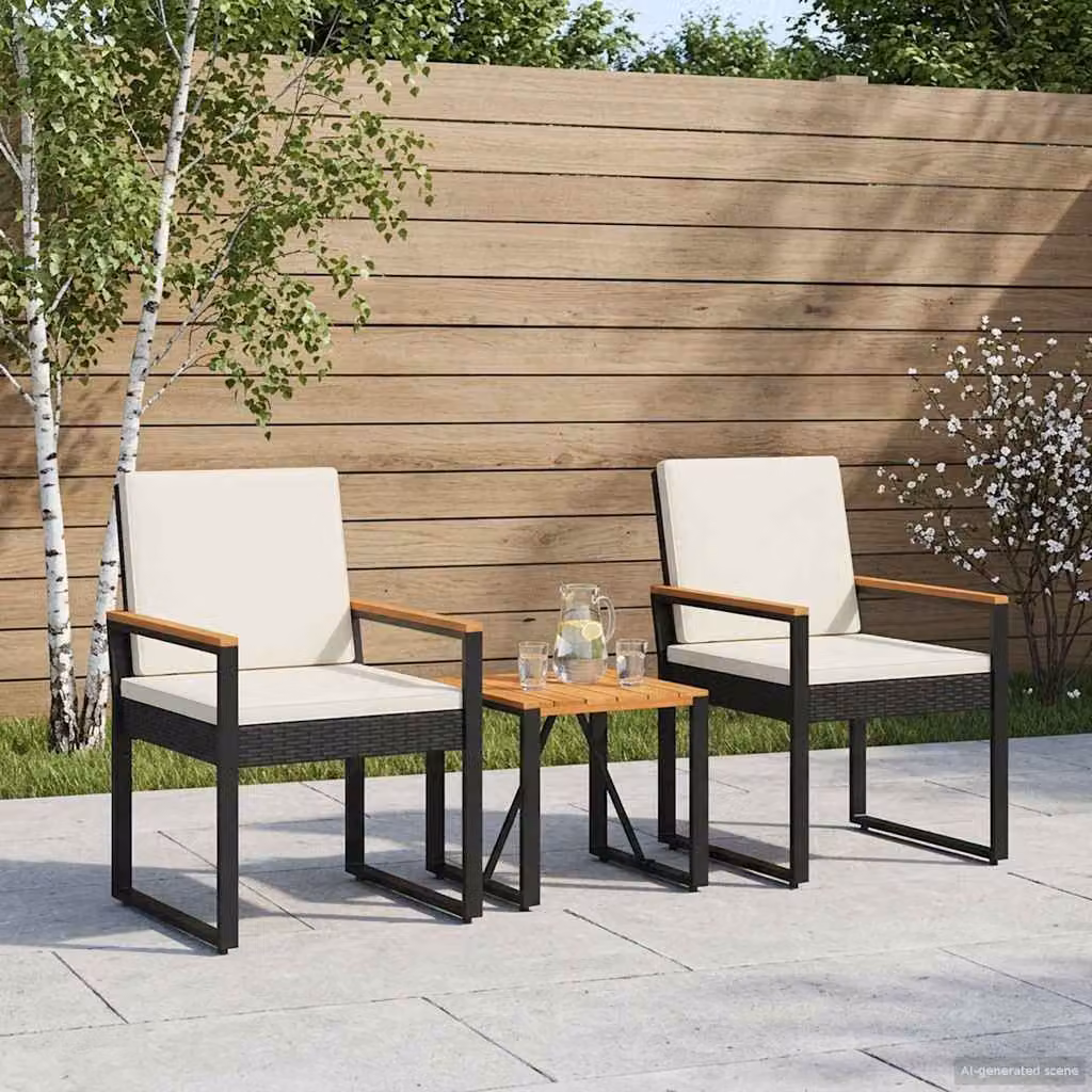 Set di mobili da esterno vidaXL in 3 pezzi in polyrattan con legno di acacia e cuscini, colore nero e bianco crema