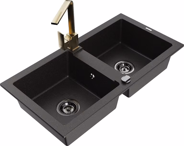 Mexen Mario lavello in granito a 2 vasche con rubinetto da cucina Rita, nero/oro metallico - 6504-75-670300-50-B