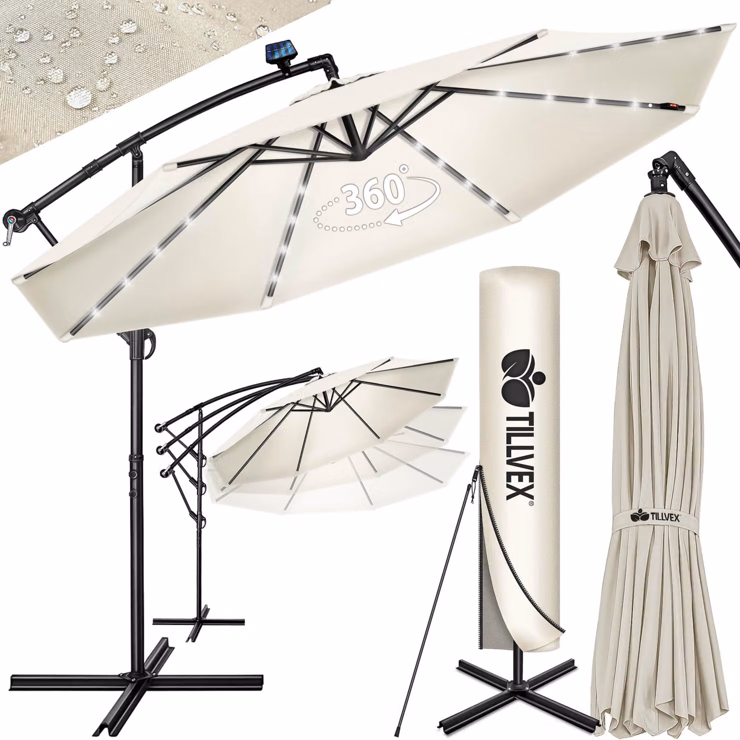 tillvex ombrellone a sbalzo in alluminio Beige LED Solar Ø 300 cm con manovella | ombrellone con interruttore on/off | ombrellone da giardino protezione UV alluminio | ombrellone a manovella con supporto ombrellone da mercato impermeabile