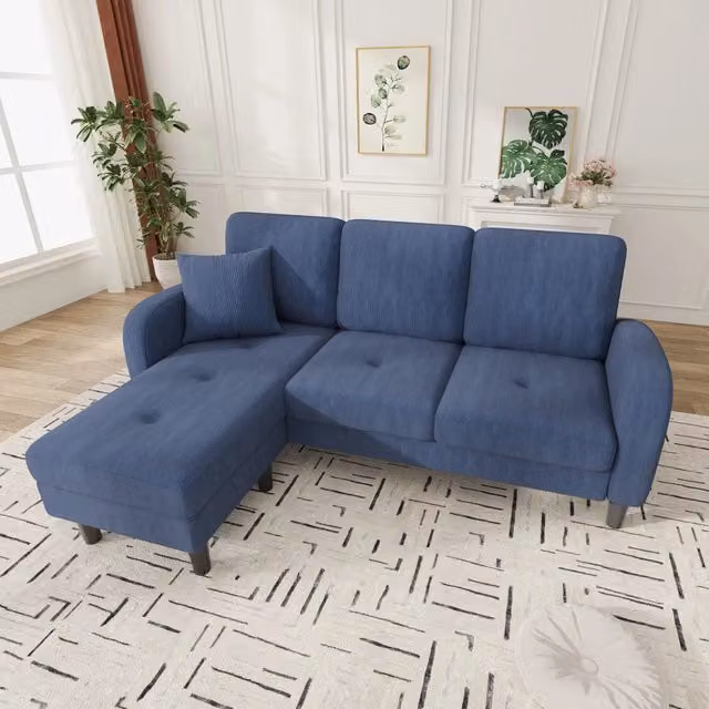Divano angolare reversibile modulare con chaise longue e cuscino in velluto a coste blu compatto 166 × 118 × 77 cm