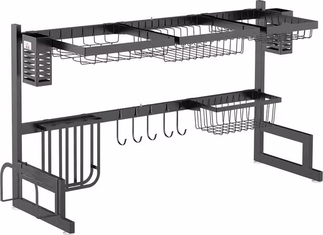Scolapiatti HOMCOM a 2 livelli con supporto per coltelli e tagliere in metallo nero, L: 93 cm, P: 30 cm, H: 52,5 cm – 1