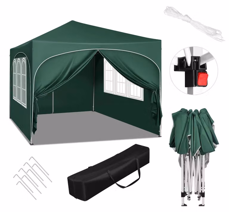 Tenda da festa - 3 x 3 metri - 4 pareti laterali - Altezza regolabile - Impermeabile - Protezione UV - Verde