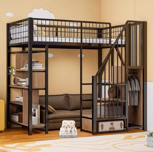 Letto a soppalco ULEVR 90x200 cm con scala contenitore e vani integrati, metallo e pannelli in legno, nero