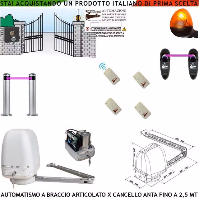 Cancello Automatico Kit Motore a Braccio Articolato 220/24 V Anta da 0,5 a 2,5 MT Centrale 4 Radiocomandi Faro Selettore 2 Paline 2 Fotocellule