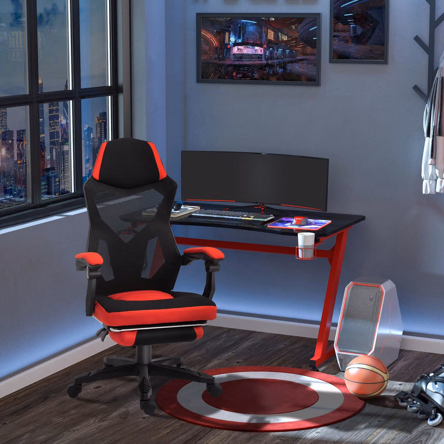 Sedia da gaming – Sedia da ufficio – Design ergonomico – Con altezza regolabile e poggiapiedi, disponibile in nero e rosso
