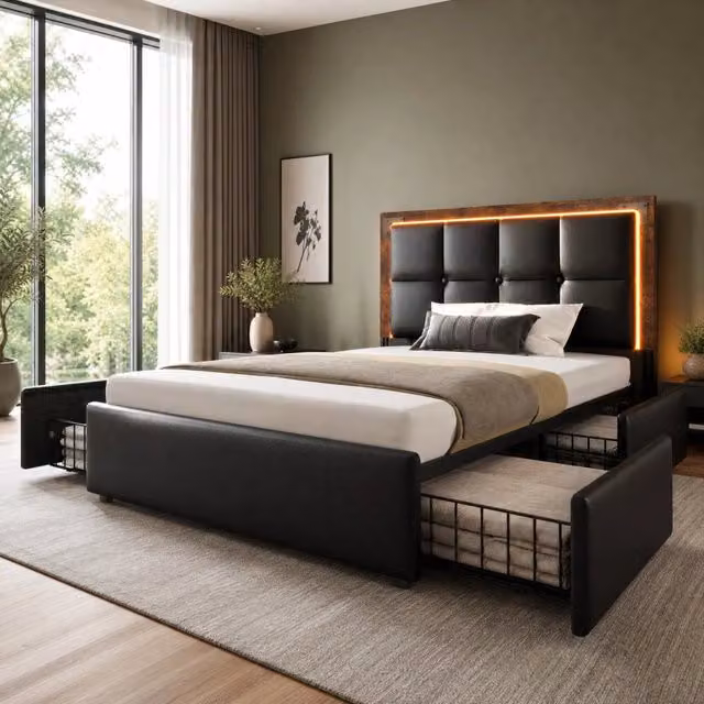 Letto singolo FOLYNA con quattro cassetti, illuminazione LED e testiera regolabile imbottita in similpelle nera, L/P/H: 207 x 90 x 97,5 cm – 1